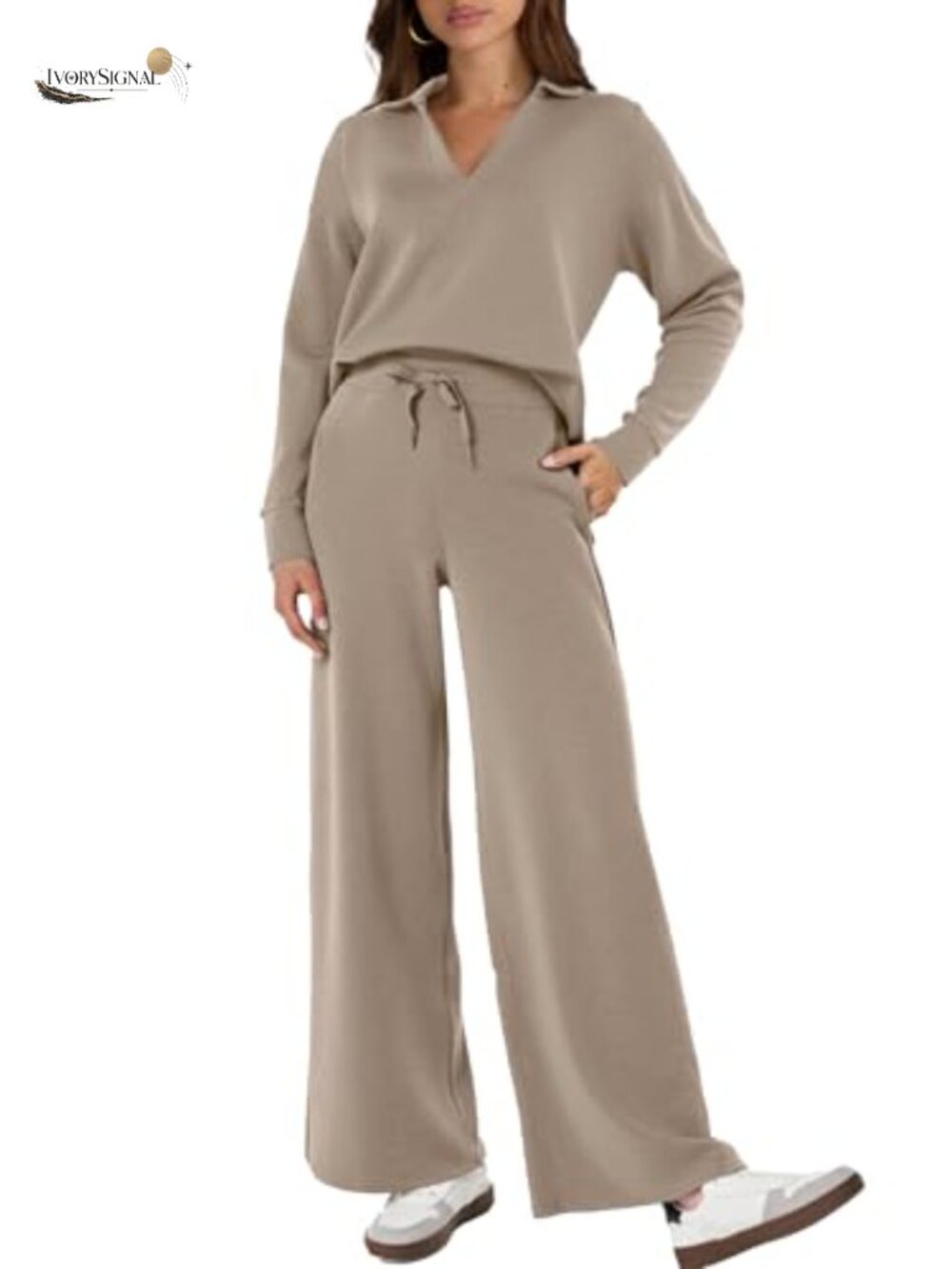 Women's 2 Piece Lounge Set Long Sleeve Polo Top & Wide Leg Pants with Drawstring